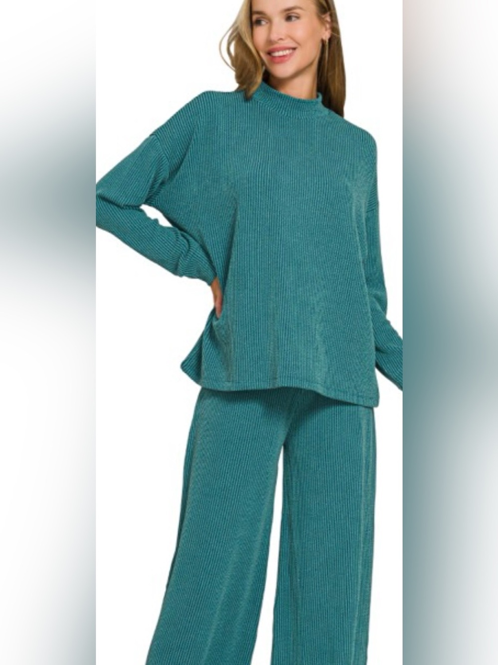NWT Zenana Raised Rib Mock Neck Long Sleeve Tee & Pants 2PC Set-Teal